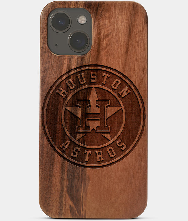 Carved Wood Houston Astros iPhone 13 Mini Case | Custom Houston Astros Gift, Birthday Gift | Personalized Mahogany Wood Cover, Gifts For Him, Monogrammed Gift For Fan | by Engraved In Nature
