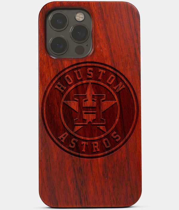 Carved Wood Houston Astros iPhone 13 Pro Max Case | Custom Houston Astros Gift, Birthday Gift | Personalized Mahogany Wood Cover, Gifts For Him, Monogrammed Gift For Fan | by Engraved In Nature