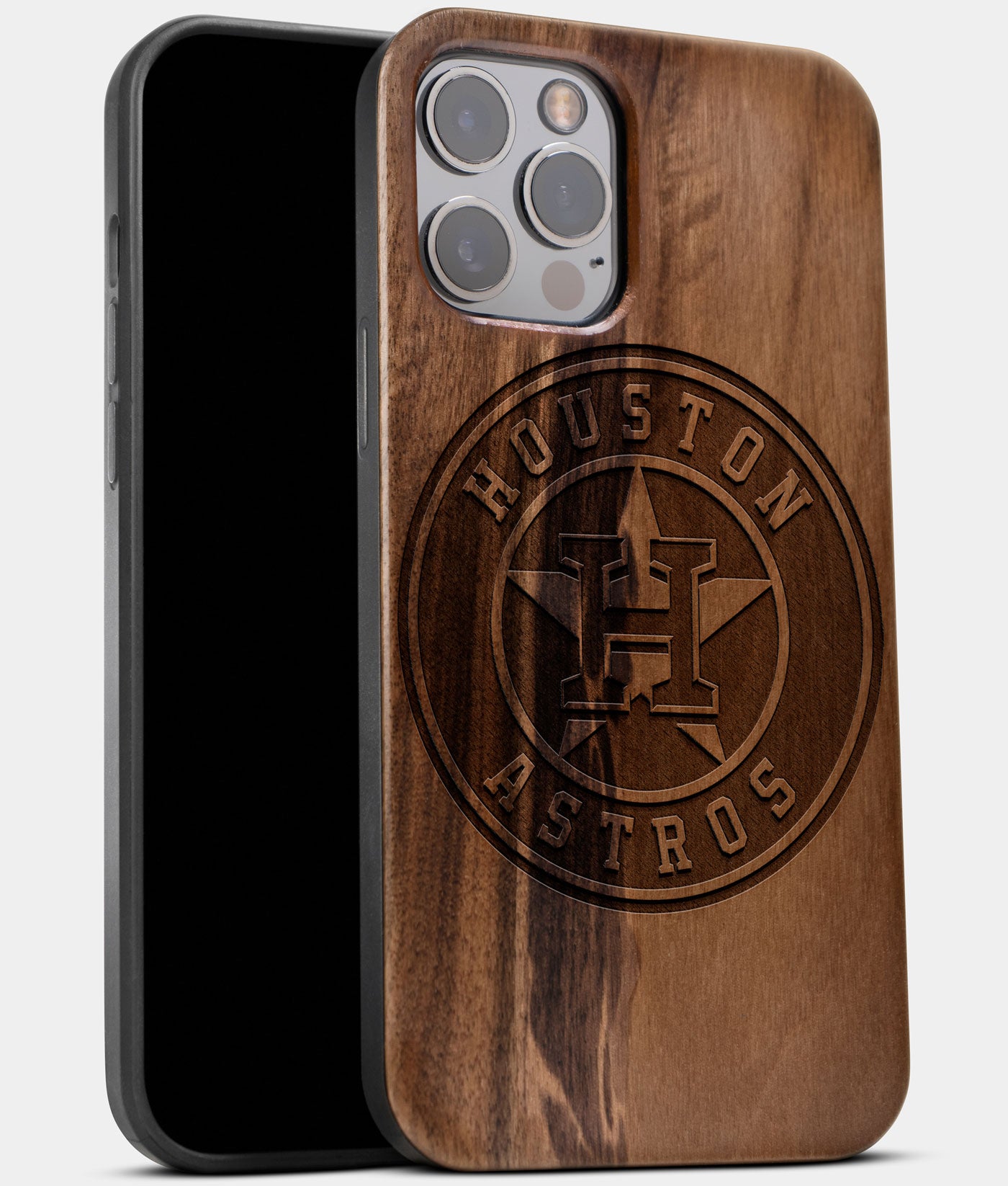 Best Wood Houston Astros iPhone 13 Pro Max Case | Custom Houston Astros Gift | Walnut Wood Cover - Engraved In Nature