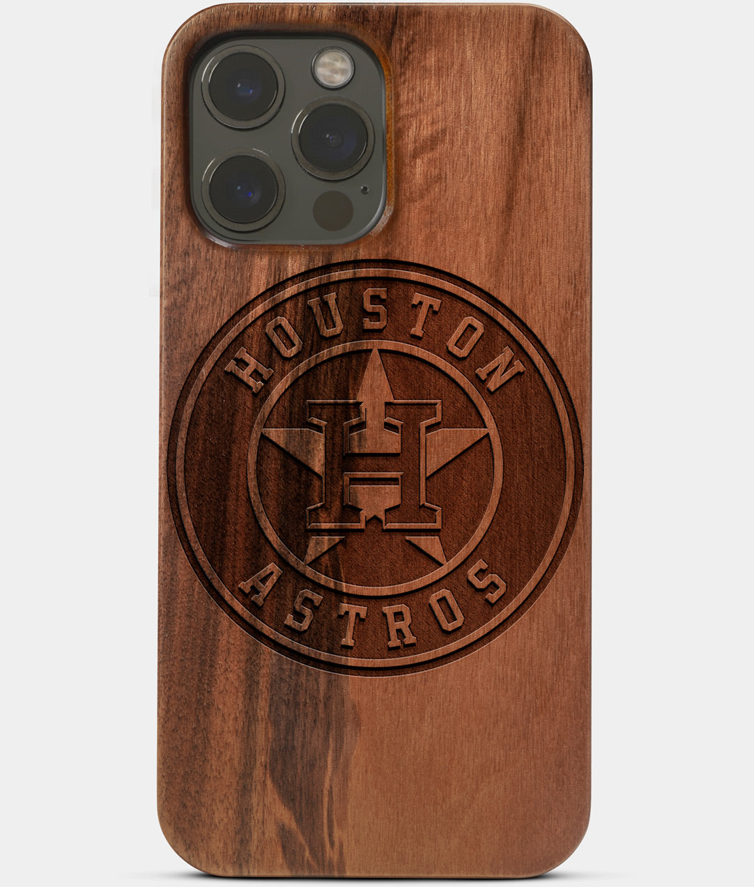 Carved Wood Houston Astros iPhone 13 Pro Max Case | Custom Houston Astros Gift, Birthday Gift | Personalized Mahogany Wood Cover, Gifts For Him, Monogrammed Gift For Fan | by Engraved In Nature