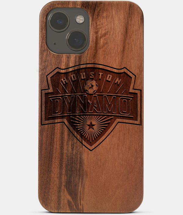 Carved Wood Houston Dynamo iPhone 13 Mini Case | Custom Houston Dynamo Gift, Birthday Gift | Personalized Mahogany Wood Cover, Gifts For Him, Monogrammed Gift For Fan | by Engraved In Nature