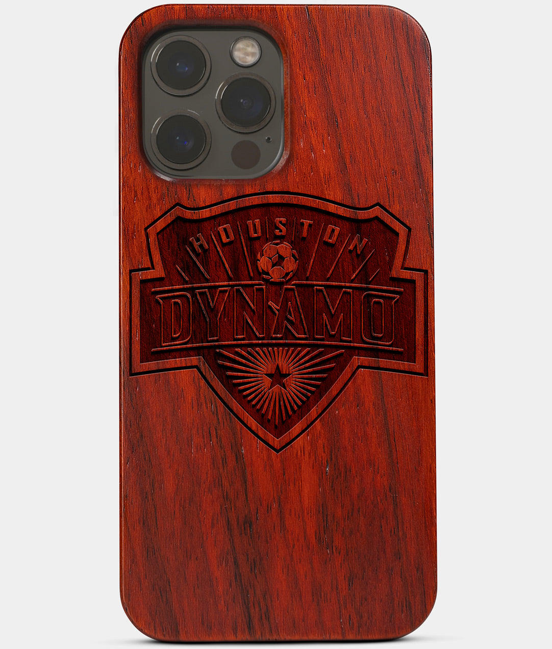 Carved Wood Houston Dynamo iPhone 13 Pro Case | Custom Houston Dynamo Gift, Birthday Gift | Personalized Mahogany Wood Cover, Gifts For Him, Monogrammed Gift For Fan | by Engraved In Nature