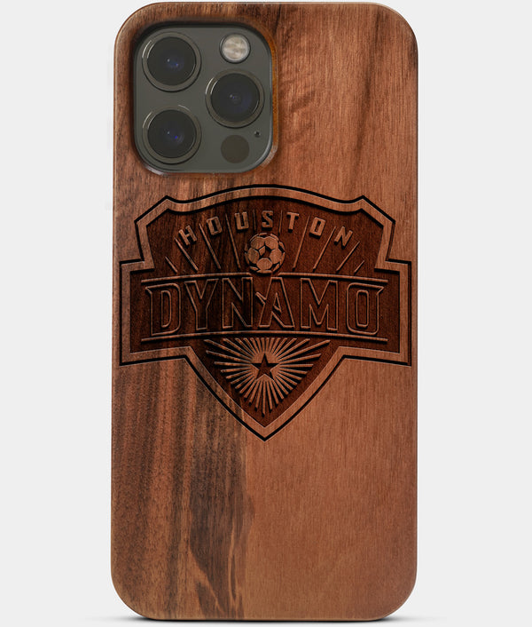 Carved Wood Houston Dynamo iPhone 13 Pro Case | Custom Houston Dynamo Gift, Birthday Gift | Personalized Mahogany Wood Cover, Gifts For Him, Monogrammed Gift For Fan | by Engraved In Nature