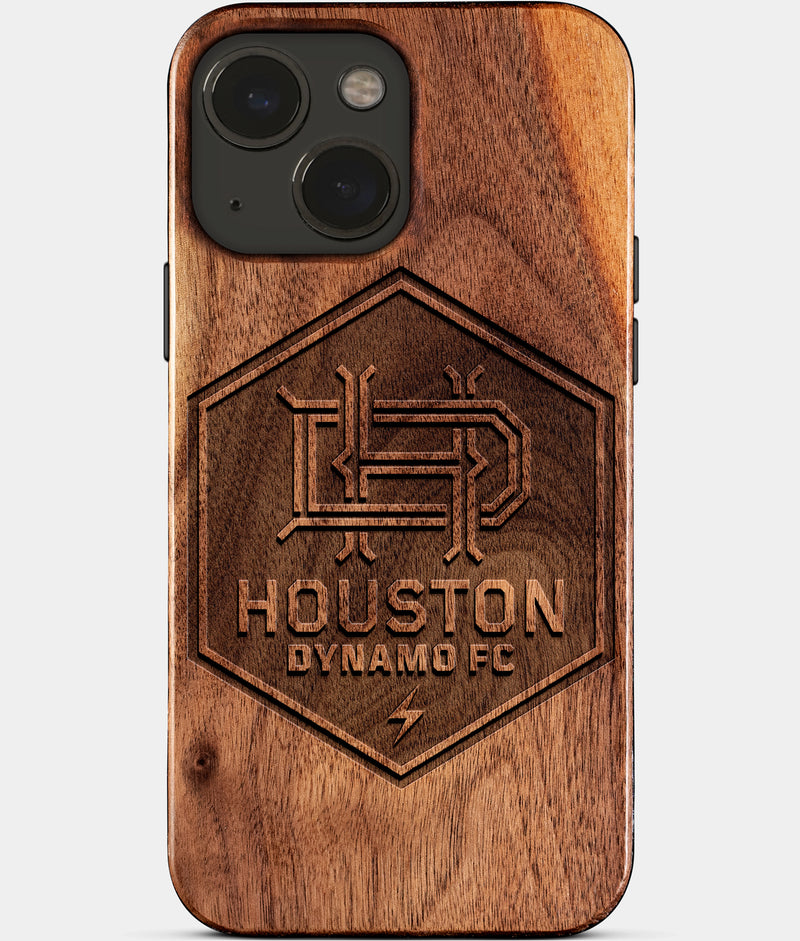 Eco-friendly Houston Dynamo iPhone 15 Case - Carved Wood Custom Houston Dynamo Gift For Him - Monogrammed Personalized iPhone 15 Cover By Engraved In Nature