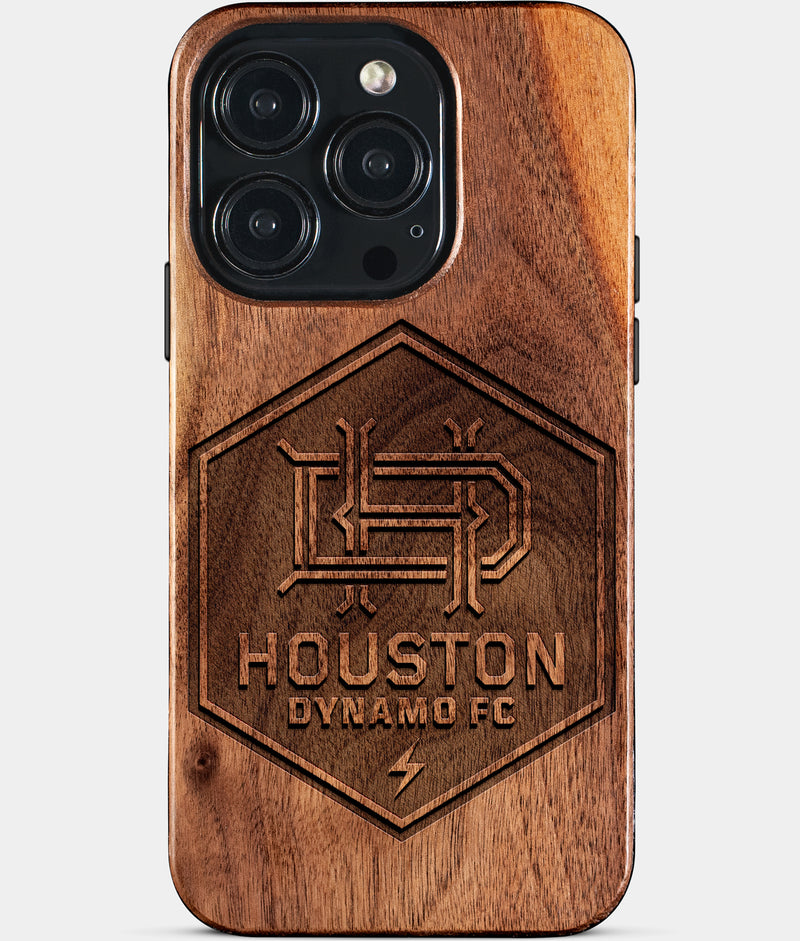 Eco-friendly Houston Dynamo iPhone 15 Pro Case - Carved Wood Custom Houston Dynamo Gift For Him - Monogrammed Personalized iPhone 15 Pro Cover By Engraved In Nature
