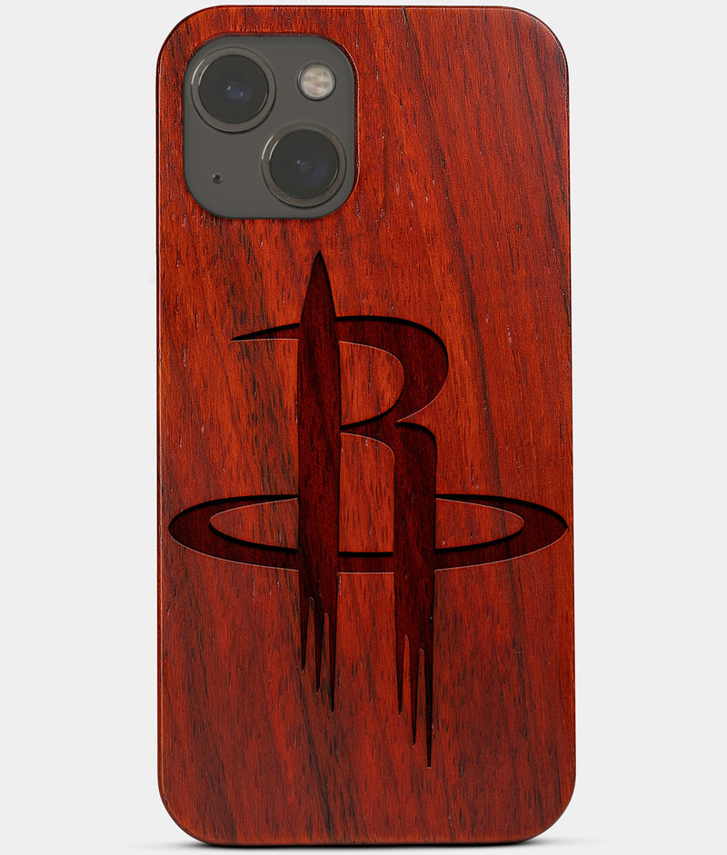 Carved Wood Houston Rockets iPhone 13 Case | Custom Houston Rockets Gift, Birthday Gift | Personalized Mahogany Wood Cover, Gifts For Him, Monogrammed Gift For Fan | by Engraved In Nature