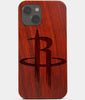 Carved Wood Houston Rockets iPhone 13 Mini Case | Custom Houston Rockets Gift, Birthday Gift | Personalized Mahogany Wood Cover, Gifts For Him, Monogrammed Gift For Fan | by Engraved In Nature