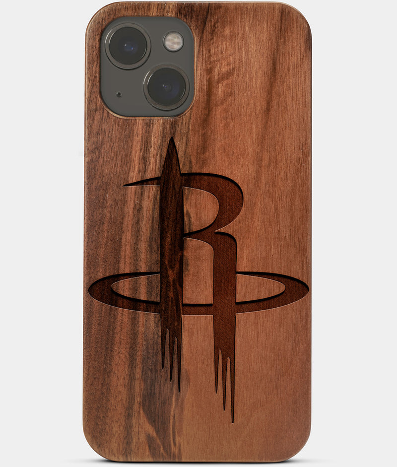 Carved Wood Houston Rockets iPhone 13 Mini Case | Custom Houston Rockets Gift, Birthday Gift | Personalized Mahogany Wood Cover, Gifts For Him, Monogrammed Gift For Fan | by Engraved In Nature