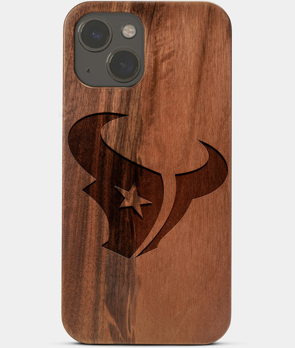 Carved Wood Houston Texans iPhone 13 Case | Custom Houston Texans Gift, Birthday Gift | Personalized Mahogany Wood Cover, Gifts For Him, Monogrammed Gift For Fan | by Engraved In Nature