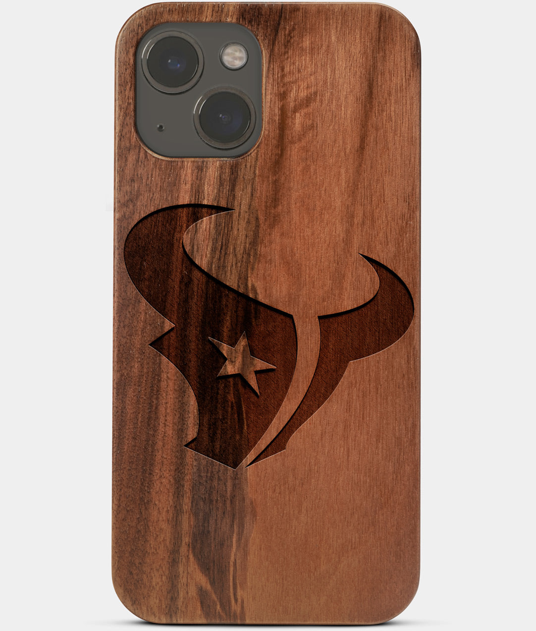 Carved Wood Houston Texans iPhone 13 Mini Case | Custom Houston Texans Gift, Birthday Gift | Personalized Mahogany Wood Cover, Gifts For Him, Monogrammed Gift For Fan | by Engraved In Nature
