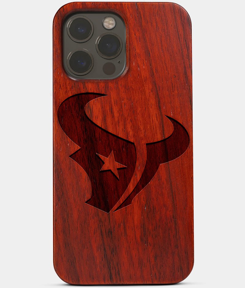 Carved Wood Houston Texans iPhone 13 Pro Max Case | Custom Houston Texans Gift, Birthday Gift | Personalized Mahogany Wood Cover, Gifts For Him, Monogrammed Gift For Fan | by Engraved In Nature