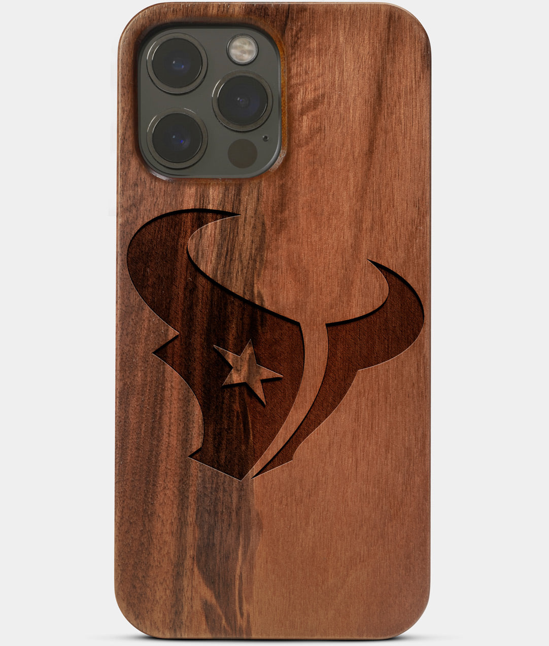 Carved Wood Houston Texans iPhone 13 Pro Max Case | Custom Houston Texans Gift, Birthday Gift | Personalized Mahogany Wood Cover, Gifts For Him, Monogrammed Gift For Fan | by Engraved In Nature