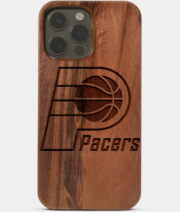 Carved Wood Indiana Pacers iPhone 13 Pro Max Case | Custom Indiana Pacers Gift, Birthday Gift | Personalized Mahogany Wood Cover, Gifts For Him, Monogrammed Gift For Fan | by Engraved In Nature