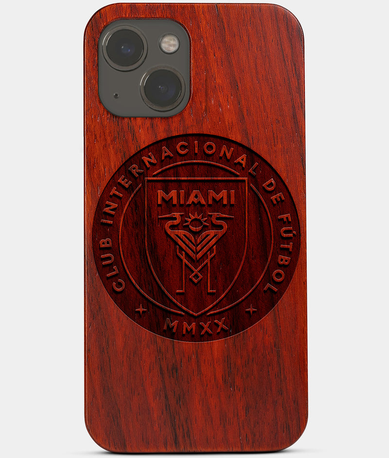 Carved Wood Inter Miami CF iPhone 13 Mini Case | Custom Inter Miami CF Gift, Birthday Gift | Personalized Mahogany Wood Cover, Gifts For Him, Monogrammed Gift For Fan | by Engraved In Nature