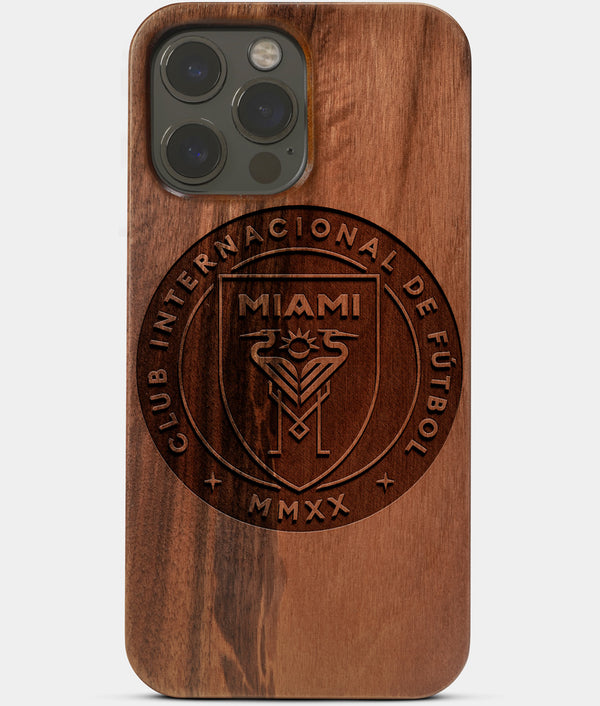 Carved Wood Inter Miami CF iPhone 13 Pro Max Case | Custom Inter Miami CF Gift, Birthday Gift | Personalized Mahogany Wood Cover, Gifts For Him, Monogrammed Gift For Fan | by Engraved In Nature