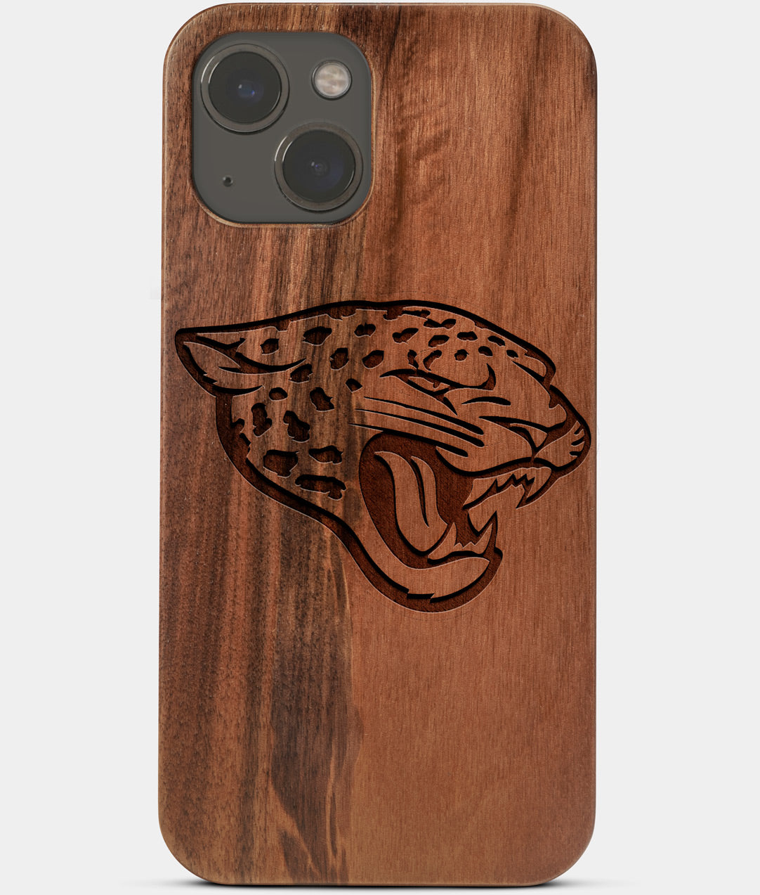 Carved Wood Jacksonville Jaguars iPhone 13 Mini Case | Custom Jacksonville Jaguars Gift, Birthday Gift | Personalized Mahogany Wood Cover, Gifts For Him, Monogrammed Gift For Fan | by Engraved In Nature