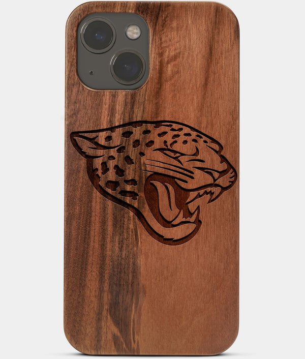 Carved Wood Jacksonville Jaguars iPhone 13 Mini Case | Custom Jacksonville Jaguars Gift, Birthday Gift | Personalized Mahogany Wood Cover, Gifts For Him, Monogrammed Gift For Fan | by Engraved In Nature
