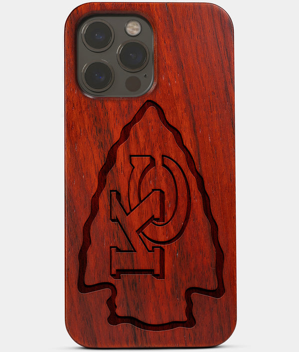 Carved Wood Kansas City Chiefs iPhone 13 Pro Max Case | Custom Kansas City Chiefs Gift, Birthday Gift | Personalized Mahogany Wood Cover, Gifts For Him, Monogrammed Gift For Fan | by Engraved In Nature