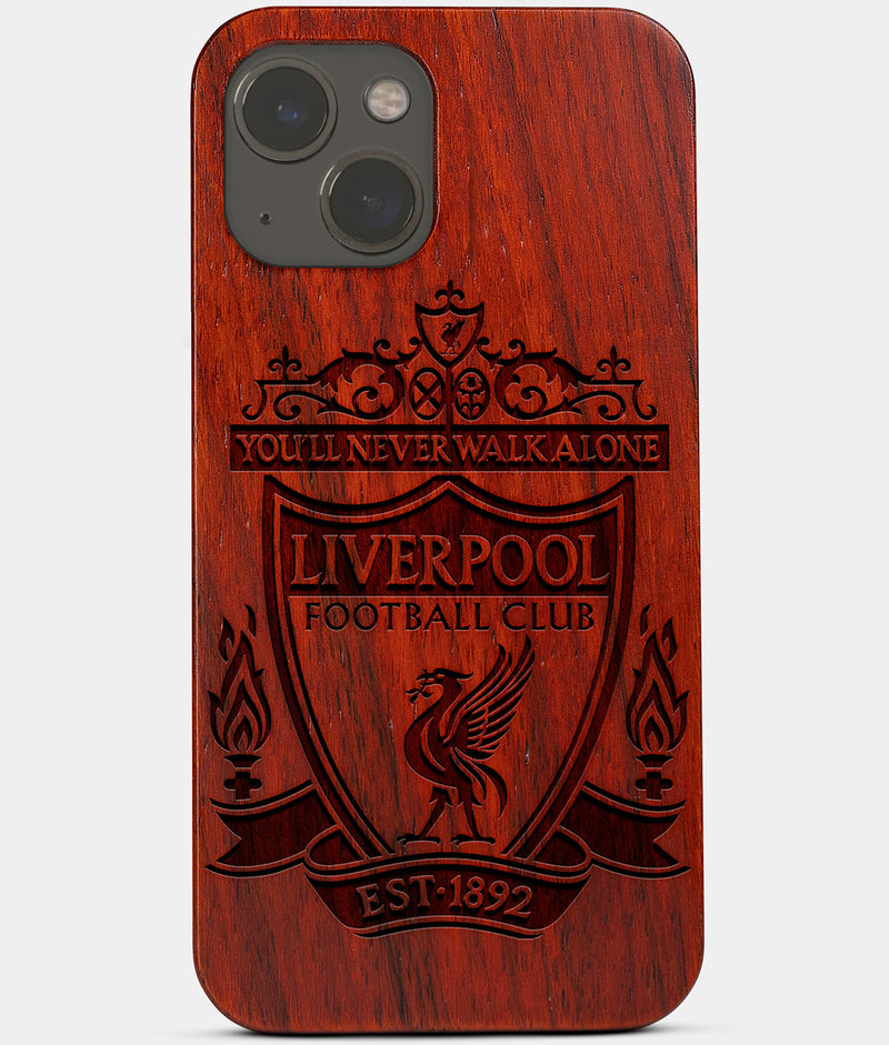 Carved Wood Liverpool F.C. iPhone 13 Case | Custom Liverpool F.C. Gift, Birthday Gift | Personalized Mahogany Wood Cover, Gifts For Him, Monogrammed Gift For Fan | by Engraved In Nature