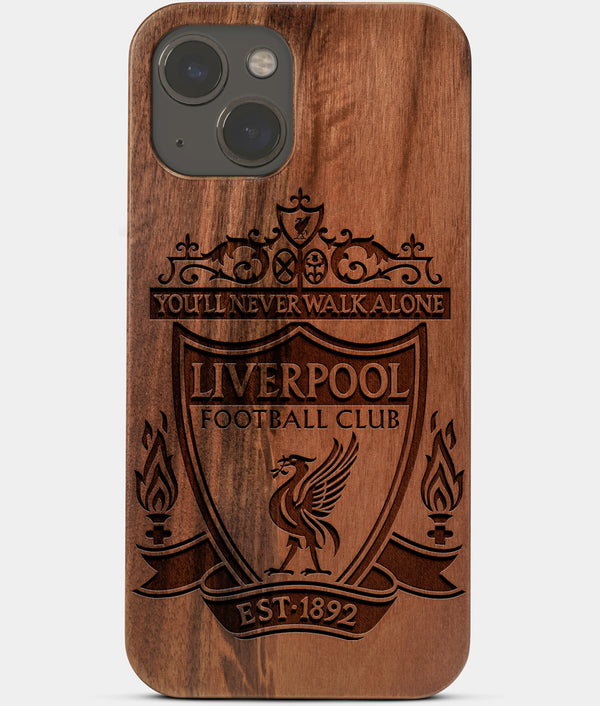 Carved Wood Liverpool F.C. iPhone 13 Mini Case | Custom Liverpool F.C. Gift, Birthday Gift | Personalized Mahogany Wood Cover, Gifts For Him, Monogrammed Gift For Fan | by Engraved In Nature