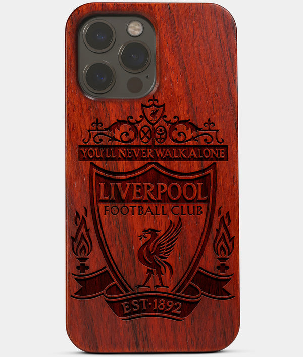 Carved Wood Liverpool F.C. iPhone 13 Pro Case | Custom Liverpool F.C. Gift, Birthday Gift | Personalized Mahogany Wood Cover, Gifts For Him, Monogrammed Gift For Fan | by Engraved In Nature