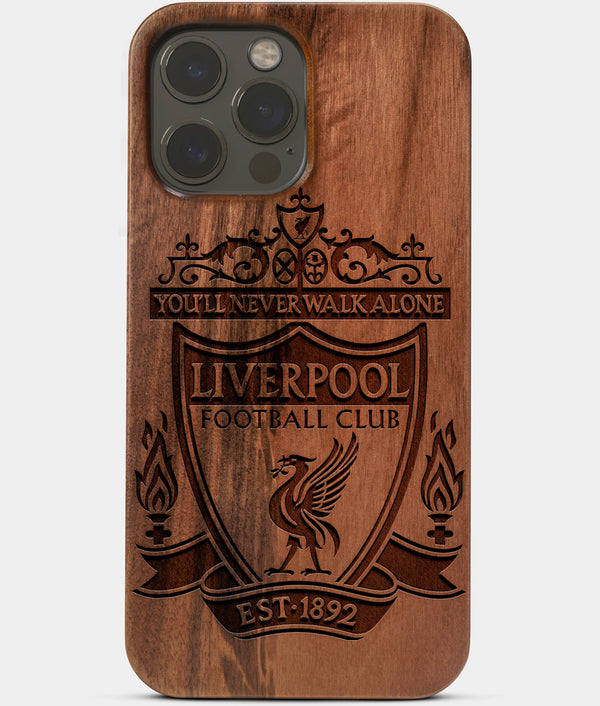 Carved Wood Liverpool F.C. iPhone 13 Pro Case | Custom Liverpool F.C. Gift, Birthday Gift | Personalized Mahogany Wood Cover, Gifts For Him, Monogrammed Gift For Fan | by Engraved In Nature