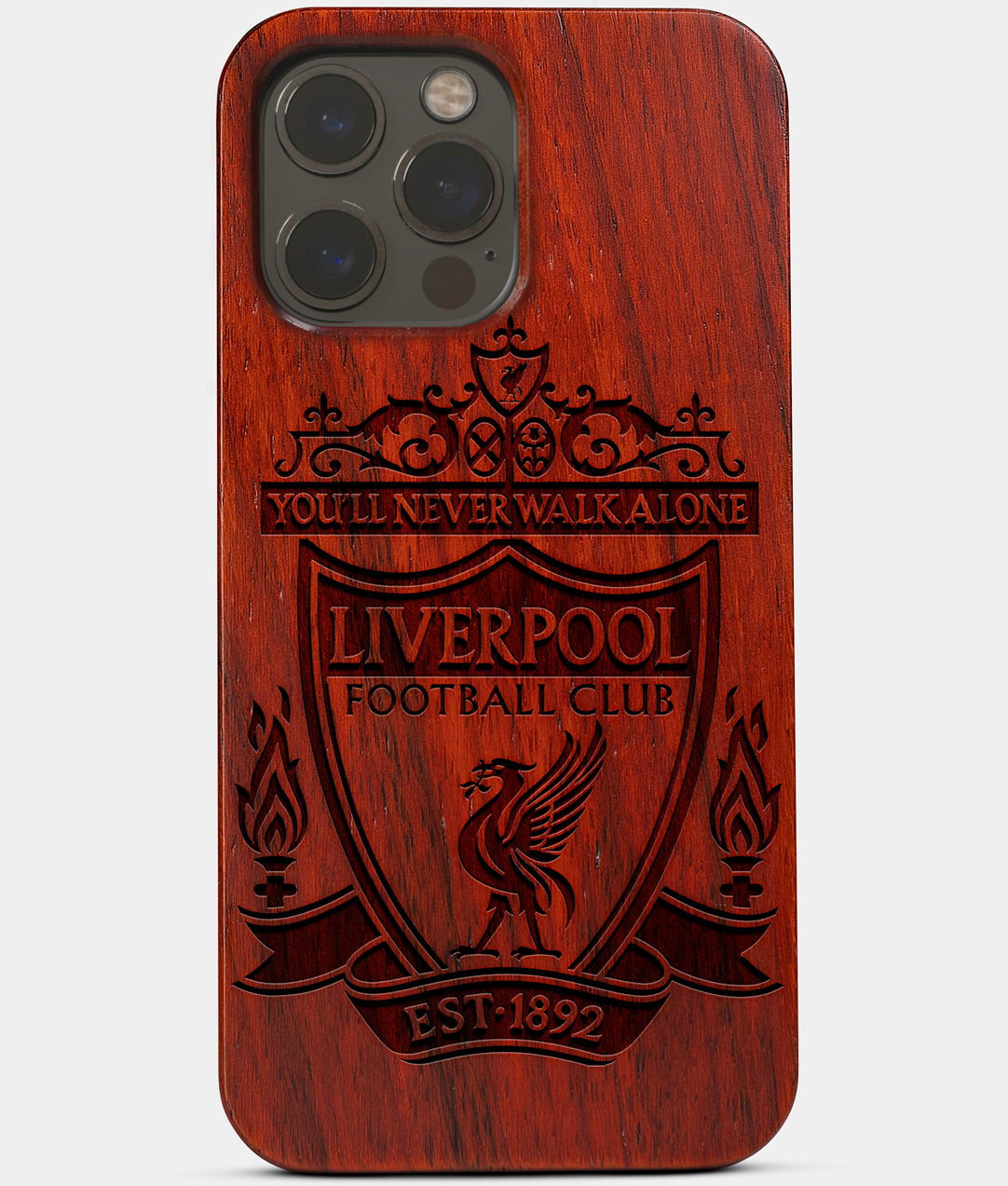 Carved Wood Liverpool F.C. iPhone 13 Pro Max Case | Custom Liverpool F.C. Gift, Birthday Gift | Personalized Mahogany Wood Cover, Gifts For Him, Monogrammed Gift For Fan | by Engraved In Nature
