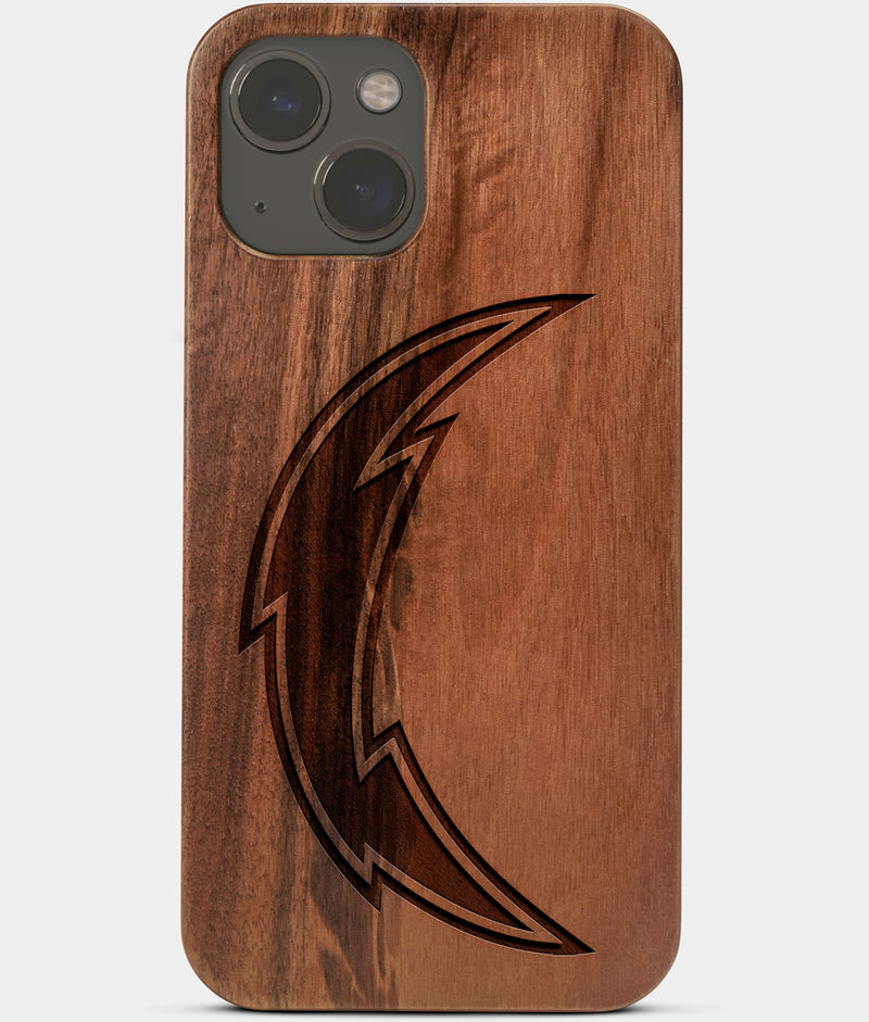 Carved Wood Los Angeles Chargers iPhone 13 Case | Custom LA Chargers Gift, Birthday Gift | Personalized Mahogany Wood Cover, Gifts For Him, Monogrammed Gift For Fan | by Engraved In Nature