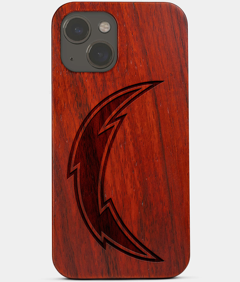 Carved Wood Los Angeles Chargers iPhone 13 Mini Case | Custom LA Chargers Gift, Birthday Gift | Personalized Mahogany Wood Cover, Gifts For Him, Monogrammed Gift For Fan | by Engraved In Nature