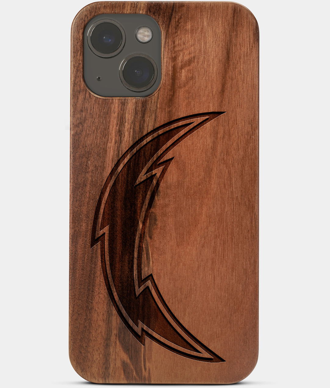 Carved Wood Los Angeles Chargers iPhone 13 Mini Case | Custom LA Chargers Gift, Birthday Gift | Personalized Mahogany Wood Cover, Gifts For Him, Monogrammed Gift For Fan | by Engraved In Nature