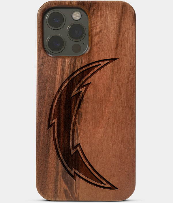 Carved Wood Los Angeles Chargers iPhone 13 Pro Max Case | Custom LA Chargers Gift, Birthday Gift | Personalized Mahogany Wood Cover, Gifts For Him, Monogrammed Gift For Fan | by Engraved In Nature