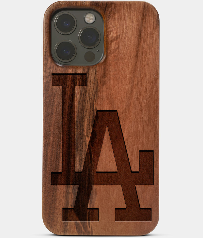 Carved Wood Los Angeles Dodgers iPhone 13 Pro Max Case | Classic Custom LA Dodgers Gift, Birthday Gift | Personalized Mahogany Wood Cover, Gifts For Him, Monogrammed Gift For Fan | by Engraved In Nature