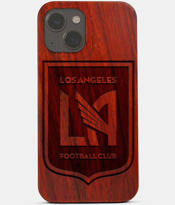 Carved Wood Los Angeles FC iPhone 13 Mini Case | Custom LA FC Gift, Birthday Gift | Personalized Mahogany Wood Cover, Gifts For Him, Monogrammed Gift For Fan | by Engraved In Nature