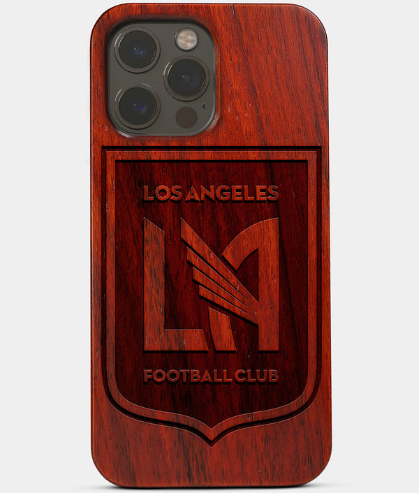 Carved Wood Los Angeles FC iPhone 13 Pro Max Case | Custom LA FC Gift, Birthday Gift | Personalized Mahogany Wood Cover, Gifts For Him, Monogrammed Gift For Fan | by Engraved In Nature