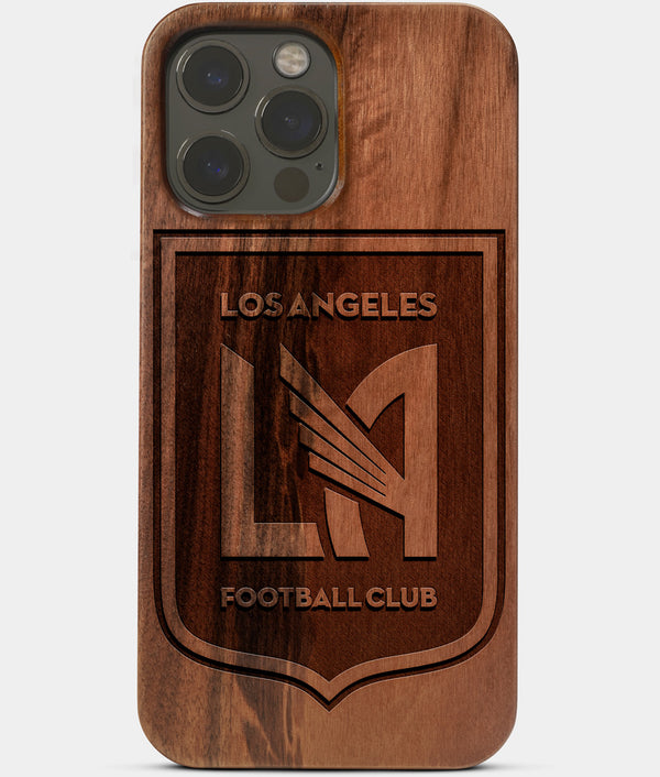 Carved Wood Los Angeles FC iPhone 13 Pro Max Case | Custom LA FC Gift, Birthday Gift | Personalized Mahogany Wood Cover, Gifts For Him, Monogrammed Gift For Fan | by Engraved In Nature