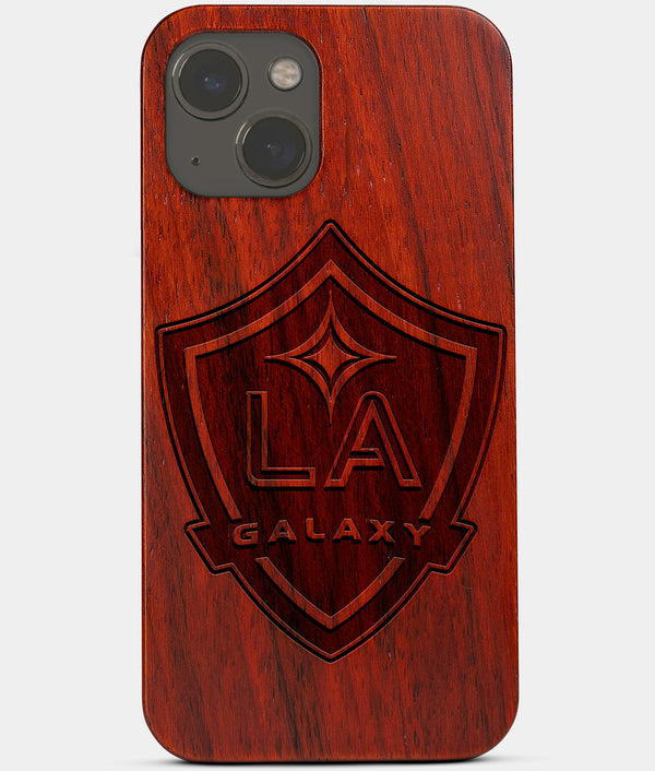 Carved Wood Los Angeles Galaxy iPhone 13 Mini Case | Custom LA Galaxy Gift, Birthday Gift | Personalized Mahogany Wood Cover, Gifts For Him, Monogrammed Gift For Fan | by Engraved In Nature