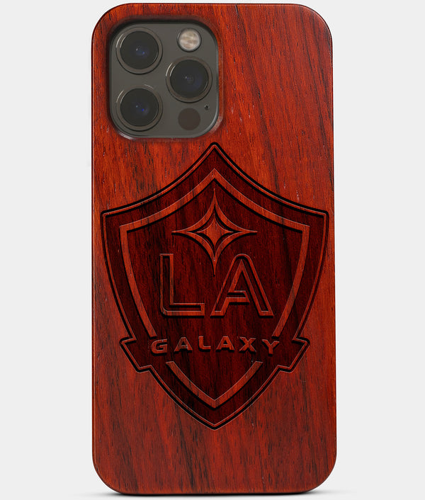 Carved Wood Los Angeles Galaxy iPhone 13 Pro Max Case | Custom LA Galaxy Gift, Birthday Gift | Personalized Mahogany Wood Cover, Gifts For Him, Monogrammed Gift For Fan | by Engraved In Nature