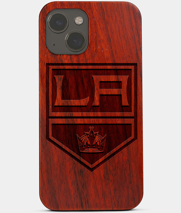 Carved Wood Los Angeles Kings iPhone 13 Mini Case | Custom LA Kings Gift, Birthday Gift | Personalized Mahogany Wood Cover, Gifts For Him, Monogrammed Gift For Fan | by Engraved In Nature