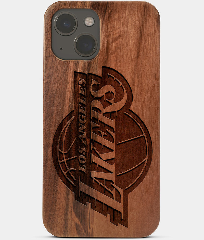 Carved Wood Los Angeles Lakers iPhone 13 Case | Custom LA Lakers Gift, Birthday Gift | Personalized Mahogany Wood Cover, Gifts For Him, Monogrammed Gift For Fan | by Engraved In Nature