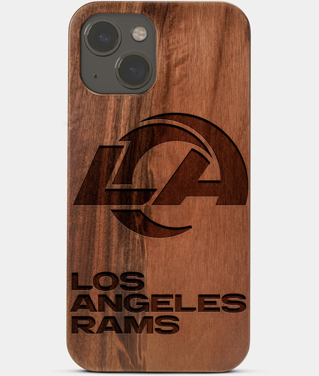 Carved Wood Los Angeles Rams iPhone 13 Mini Case | Custom LA Rams Gift, Birthday Gift | Personalized Mahogany Wood Cover, Gifts For Him, Monogrammed Gift For Fan | by Engraved In Nature