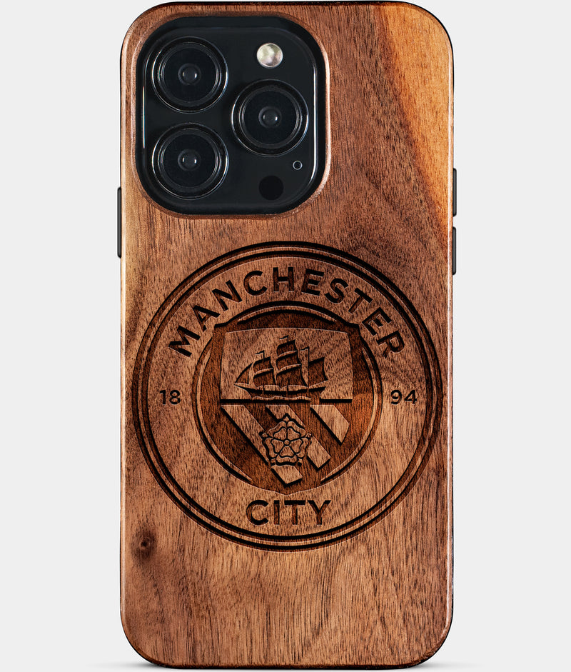 Eco-friendly Manchester City FC iPhone 15 Pro Case - Carved Wood Custom Manchester City FC Gift For Him - Monogrammed Personalized iPhone 15 Pro Cover By Engraved In Nature