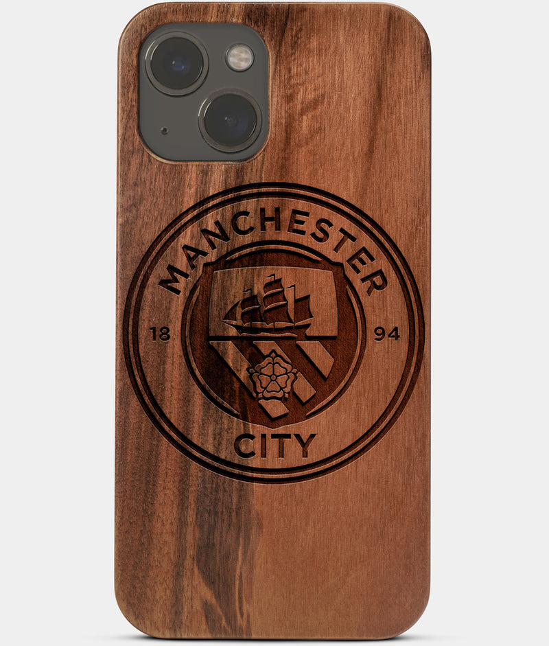 Carved Wood Manchester City F.C. iPhone 13 Case | Custom Manchester City F.C. Gift, Birthday Gift | Personalized Mahogany Wood Cover, Gifts For Him, Monogrammed Gift For Fan | by Engraved In Nature
