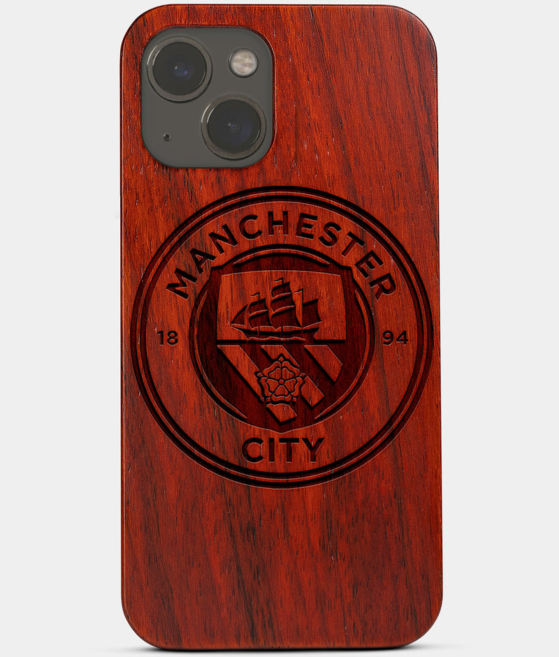 Carved Wood Manchester City F.C. iPhone 13 Mini Case | Custom Manchester City F.C. Gift, Birthday Gift | Personalized Mahogany Wood Cover, Gifts For Him, Monogrammed Gift For Fan | by Engraved In Nature