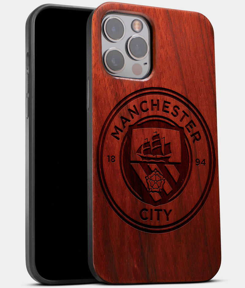 Best Wood Manchester City F.C. iPhone 13 Pro Max Case | Custom Manchester City F.C. Gift | Mahogany Wood Cover - Engraved In Nature