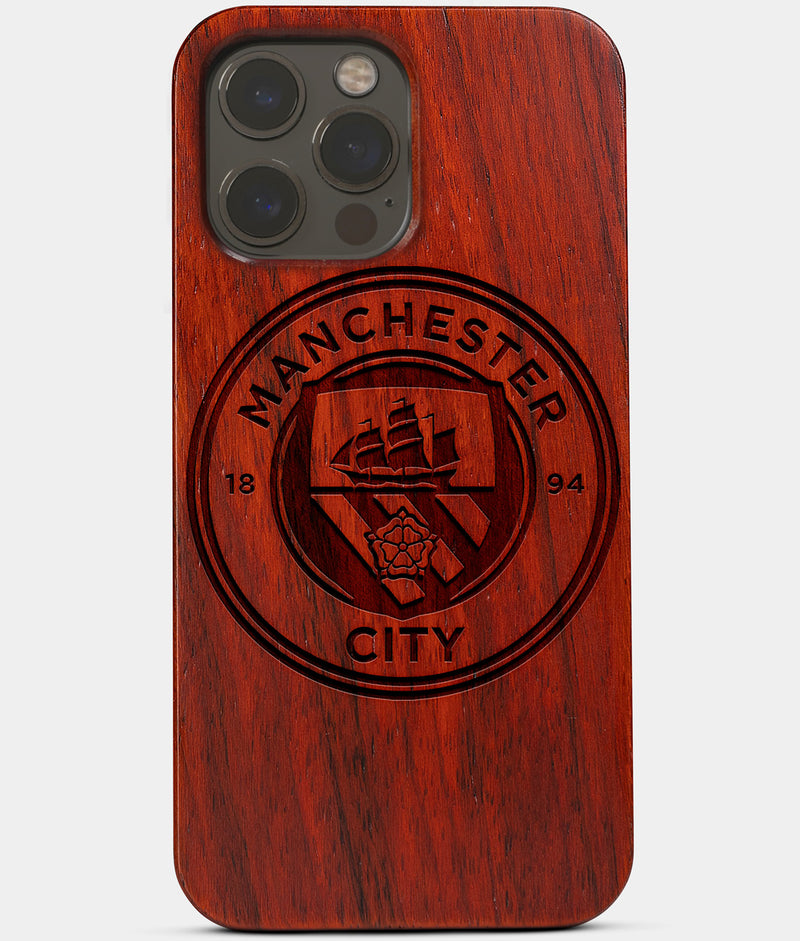 Carved Wood Manchester City F.C. iPhone 13 Pro Max Case | Custom Manchester City F.C. Gift, Birthday Gift | Personalized Mahogany Wood Cover, Gifts For Him, Monogrammed Gift For Fan | by Engraved In Nature