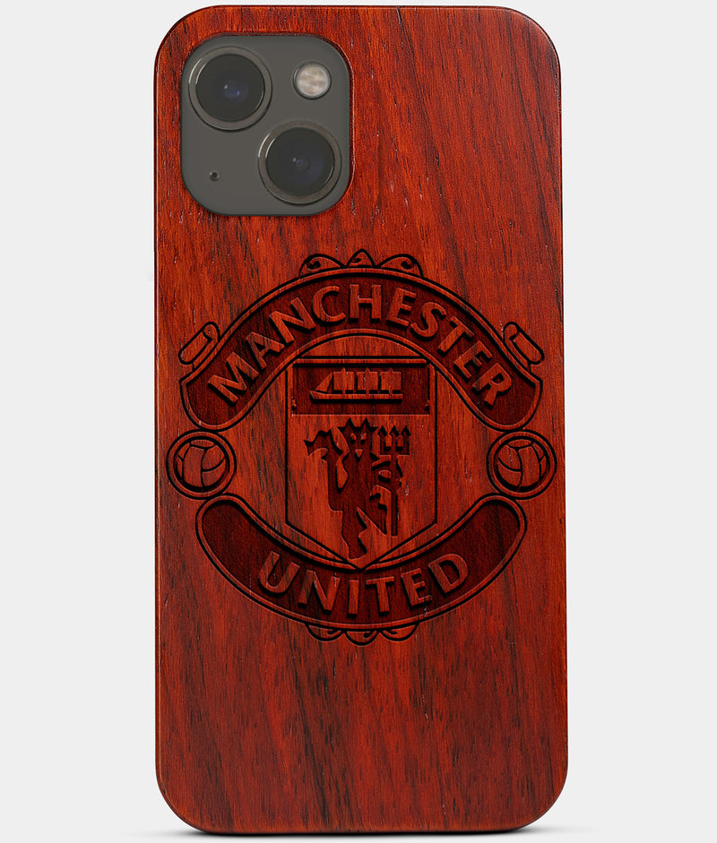 Carved Wood Manchester United F.C. iPhone 13 Mini Case | Custom Manchester United F.C. Gift, Birthday Gift | Personalized Mahogany Wood Cover, Gifts For Him, Monogrammed Gift For Fan | by Engraved In Nature