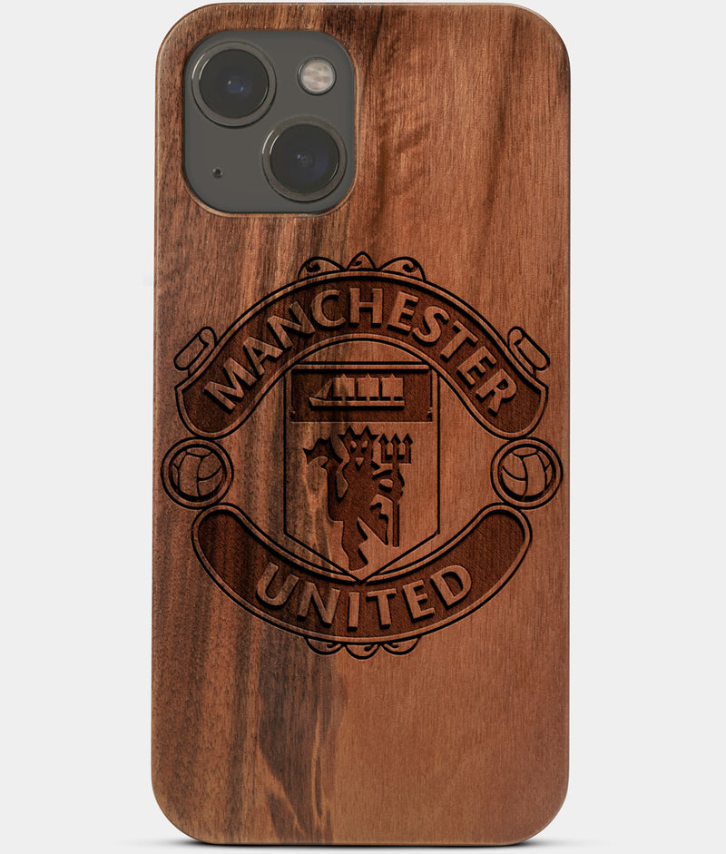 Carved Wood Manchester United F.C. iPhone 13 Mini Case | Custom Manchester United F.C. Gift, Birthday Gift | Personalized Mahogany Wood Cover, Gifts For Him, Monogrammed Gift For Fan | by Engraved In Nature