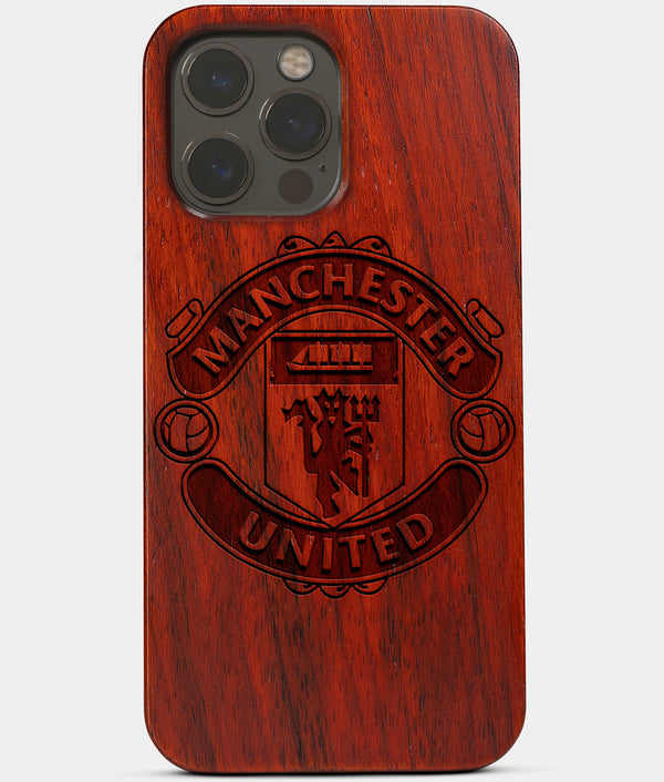 Carved Wood Manchester United F.C. iPhone 13 Pro Max Case | Custom Manchester United F.C. Gift, Birthday Gift | Personalized Mahogany Wood Cover, Gifts For Him, Monogrammed Gift For Fan | by Engraved In Nature