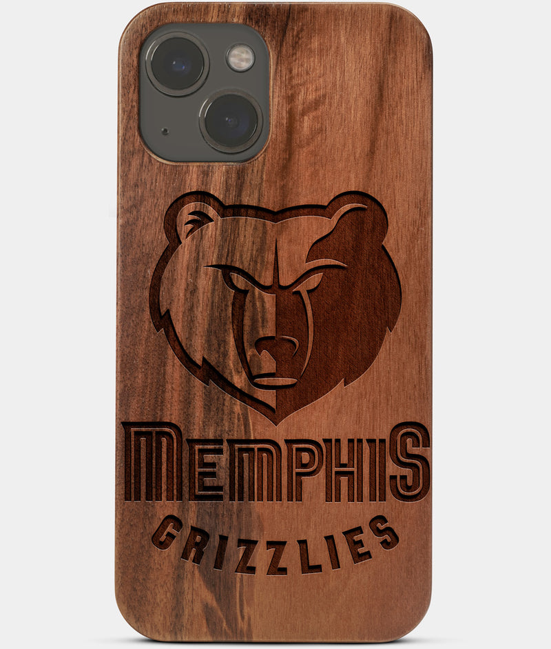 Carved Wood Memphis Grizzlies iPhone 13 Mini Case | Custom Memphis Grizzlies Gift, Birthday Gift | Personalized Mahogany Wood Cover, Gifts For Him, Monogrammed Gift For Fan | by Engraved In Nature