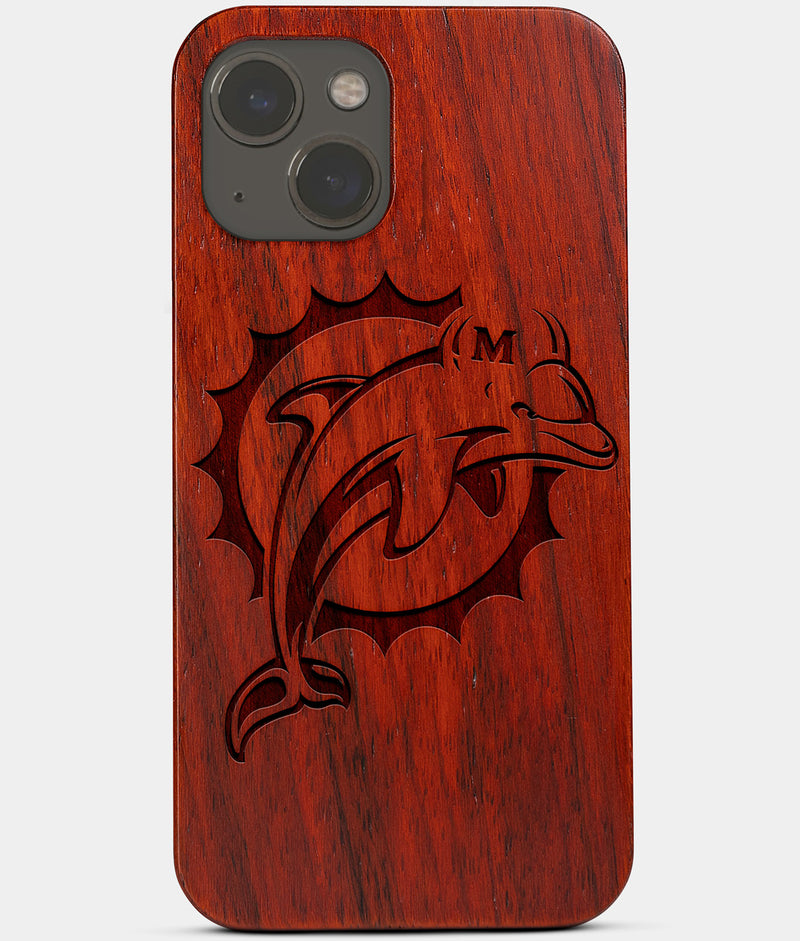 Carved Wood Miami Dolphins iPhone 13 Case | Custom Miami Dolphins Gift, Birthday Gift | Personalized Mahogany Wood Cover, Gifts For Him, Monogrammed Gift For Fan | by Engraved In Nature